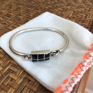 Onyx MEXICO 925 Silver - Vintage Black Onyx Inlaid Hook Hinged Bangle Bracelet